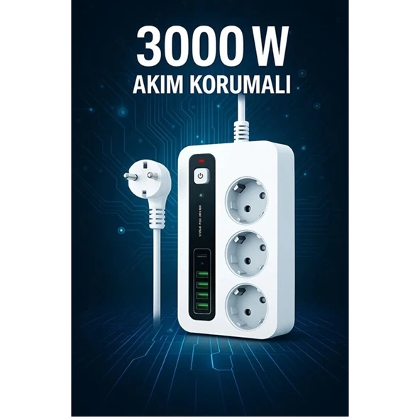 P10 3x Priz 3000w Akım Korumalı 4x Usb 2x Type-c Girişli Çoklu Priz