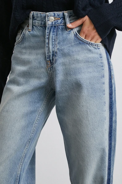 Yüksek Bel Şerit Detaylı Boru Paça Jean Mavi - Resim 5