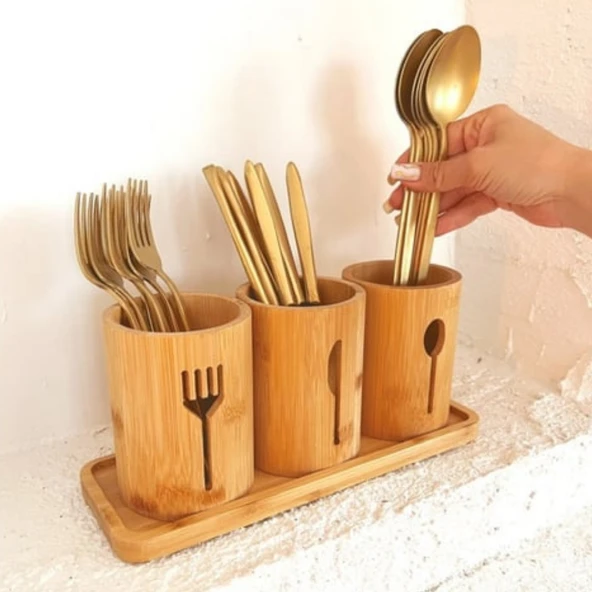 Bambu Çatal ve Bıçaklık Tekli Doğal Bambu Malzemeli Mutfak Düzenleyici Estetik ve Dayanıklı Çatal Kaşık Bıçak Tutucu Organizer Aksesuar - Resim 7