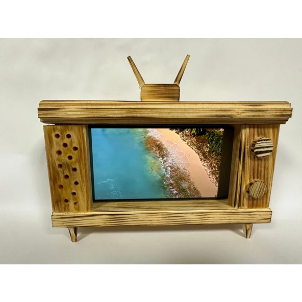 Ahşap Telefon Tutucu - Retro TV Görünümlü