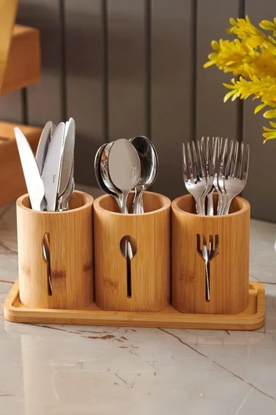 Bambu Çatal ve Bıçaklık Tekli Doğal Bambu Malzemeli Mutfak Düzenleyici Estetik ve Dayanıklı Çatal Kaşık Bıçak Tutucu Organizer Aksesuar ürün görseli 1