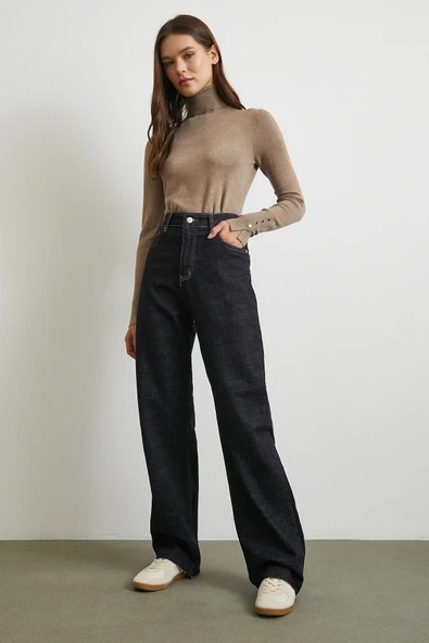 Yüksek Bel Kesik Boru Paça Jean Lacivert - Resim 2