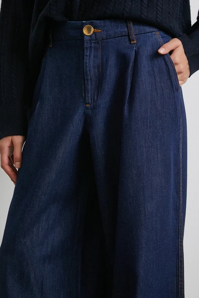 Yüksek Bel Geniş Paça Jean Lacivert - Resim 5
