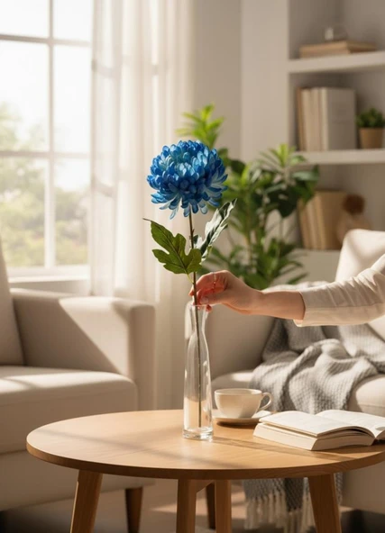 Yapay Çiçek Krizantem Mavi 90cm Tek Dal Kumaş Çiçek Uzun Dal - Resim 5