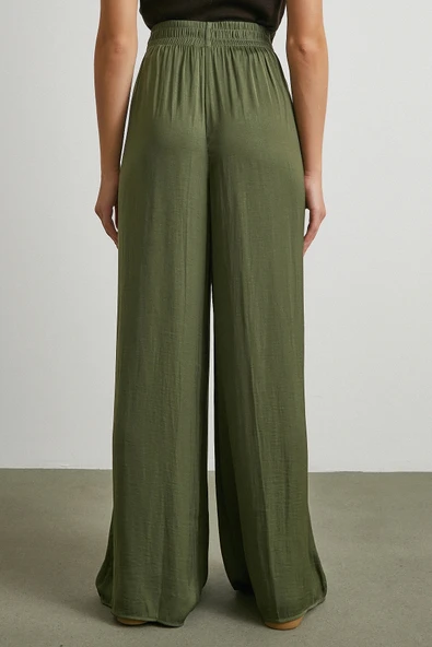 Beli Lastikli Dökümlü Geniş Paça Pantolon Haki - Resim 6