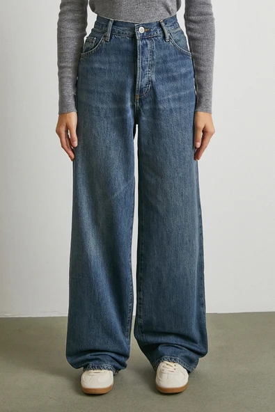 Yüksek Bel Beş Cepli Regular Fit Jean Lacivert - Resim 5