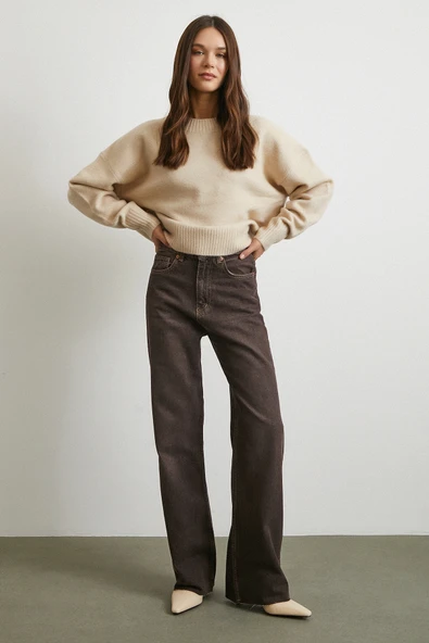 Yüksek Bel Beş Cepli Kesik Paça Jean Kahve - 2