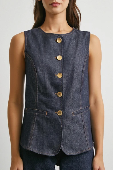 Bisiklet Yaka Metal Düğmeli Denim Yelek Lacivert - Resim 5