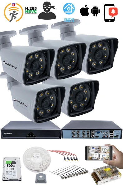 5 Kameralı Güvenlik Kamerası Seti - 5MP Sony SecuLensli 1080p Full HD AHD, 8 Ultra Warm LED, Gece Renkli Görüş, Plastik Kasa - Resim 2