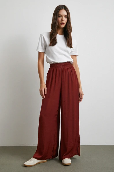Beli Lastikli Dökümlü Geniş Paça Pantolon Kahve ürün görseli