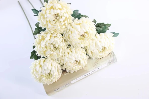 Yapay Çiçek Krizantem Beyaz 90cm Tek Dal Kumaş Çiçek Uzun Dal - 4