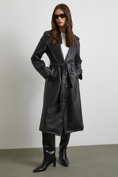 Kuşaklı Deri Pardesü Siyah ürün görseli 1