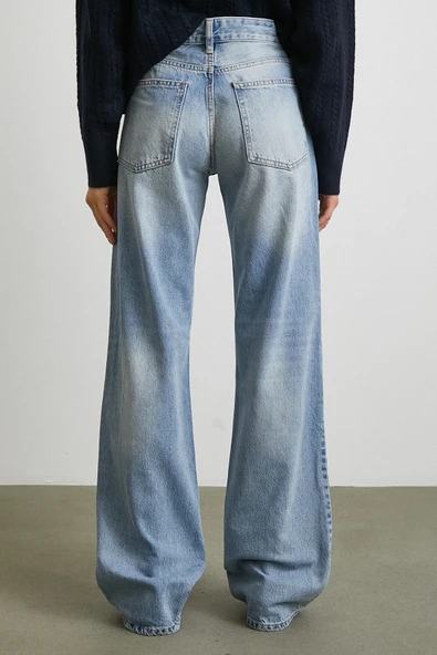 Yüksek Bel Şerit Detaylı Boru Paça Jean Mavi - Resim 6