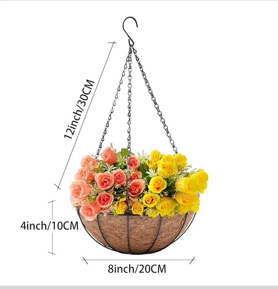 Bahçe balkon duvar asılı sepet çiçek hindistan cevizi elyaf asılı sepet metal 20 CM KÜÇÜK BOY - 6