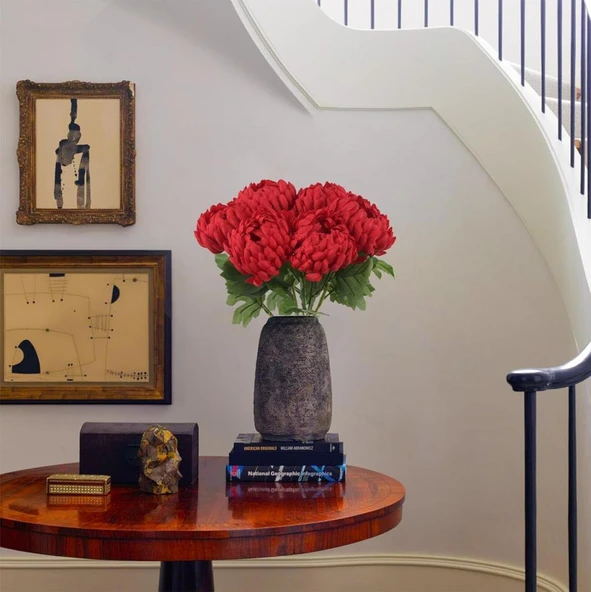 Yapay Çiçek Krizantem Kırmızı 90cm Tek Dal Kumaş Çiçek Uzun Dal - Resim 4