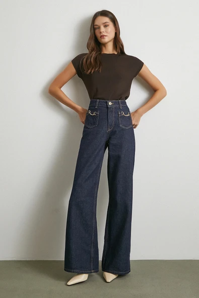 Yüksek Bel Cep Detaylı Zincirli Wide Leg Jean Lacivert ürün görseli