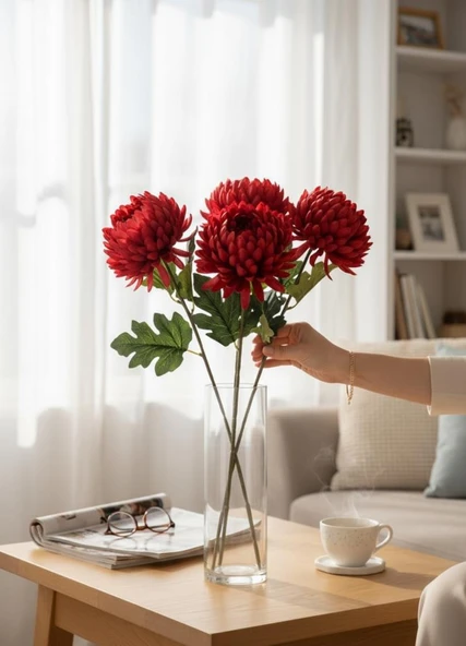 Yapay Çiçek Krizantem Kırmızı 90cm Tek Dal Kumaş Çiçek Uzun Dal - Resim 3