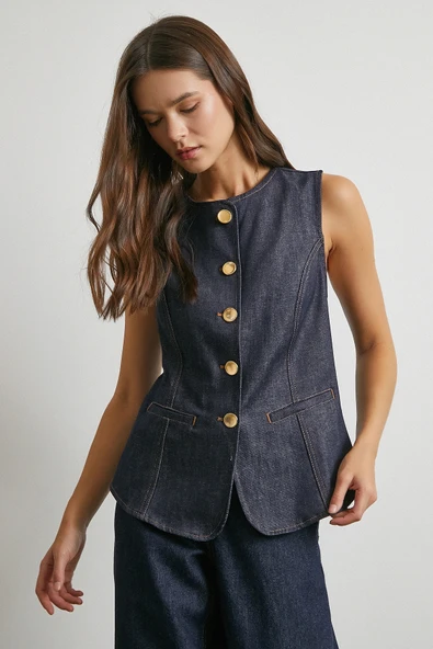 Bisiklet Yaka Metal Düğmeli Denim Yelek Lacivert - Resim 3