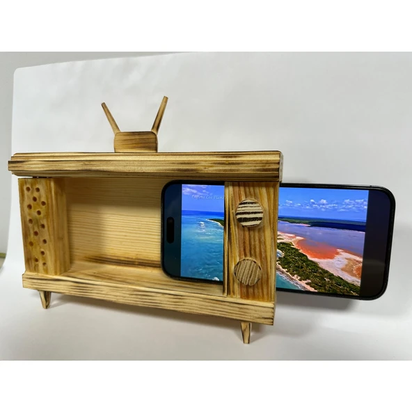 Ahşap Telefon Tutucu - Retro TV Görünümlü - 2