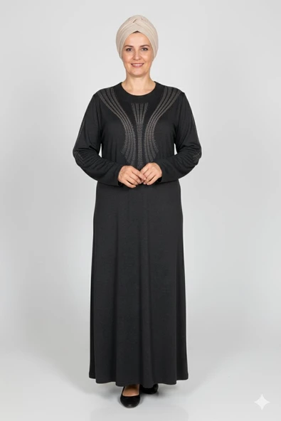 Hesna Kadın Elvan Kışlık Büyük Beden Boydan Baskılı Siyah Elbise ürün görseli