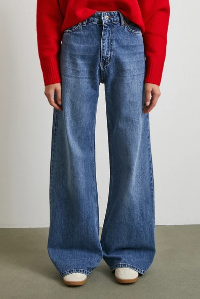 Yüksek Bel Wide Leg Jean Mavi - Resim 5