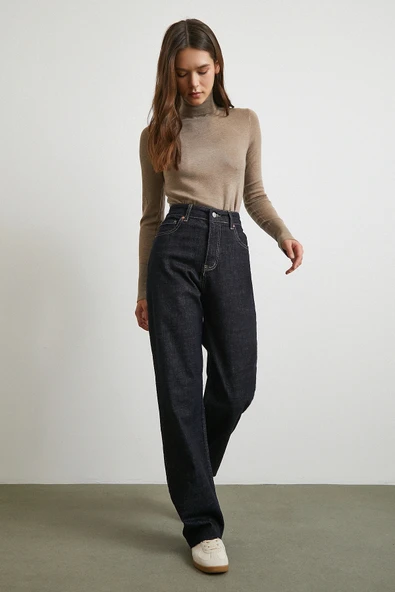 Yüksek Bel Kesik Boru Paça Jean Lacivert - Resim 4