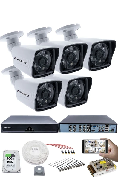 5 Kameralı Güvenlik Kamerası Seti - 5MP Sony SecuLensli 1080P Full HD AHD, 6 Atom LED, Gece Görüşlü, IP66 Su Geçirmez, Güvenlik Kamerası, Plastik Kasa