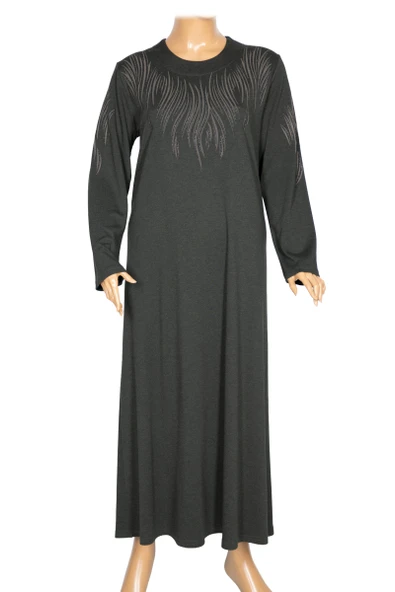 Hesna Kadın Elvan Kışlık Büyük Beden Boydan Baskılı Haki Elbise - Resim 3