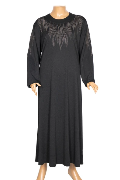 Hesna Kadın Ferda Kışlık Battal Beden Boydan Baskılı Siyah Elbise - Resim 3