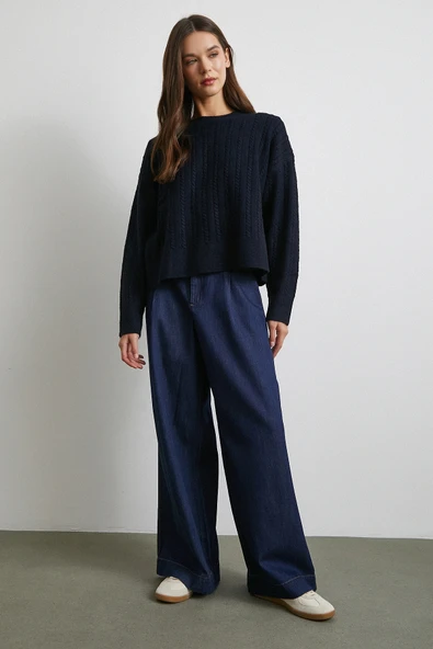 Yüksek Bel Geniş Paça Jean Lacivert - Resim 3