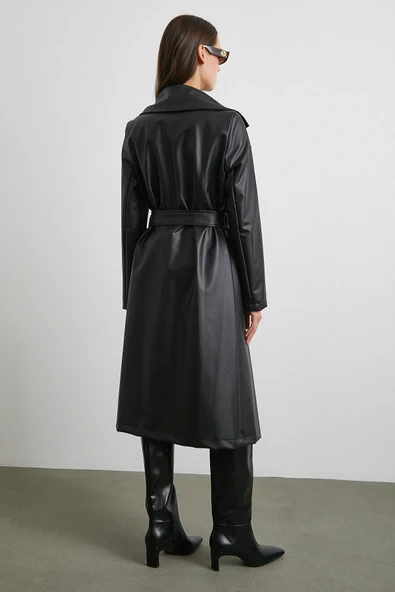 Kuşaklı Deri Pardesü Siyah - Resim 6