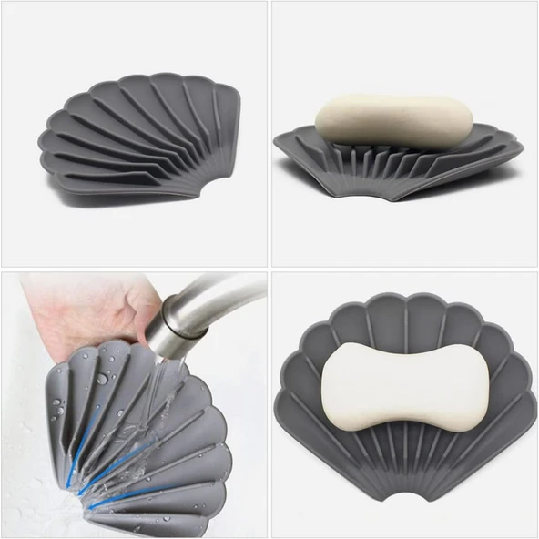 Gri Renk Kaymaz İstiridye Şekilli Silikon Sabunluk Sabun Depolama Tutucu ve Taşınabilir Sabunluk Plakası - Resim 5