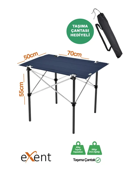 Exent 50x70 cm Kamp Masası Katlanabilir Masa, Piknik Masası, Siyah Taşıma Çantalı-LACİVERT