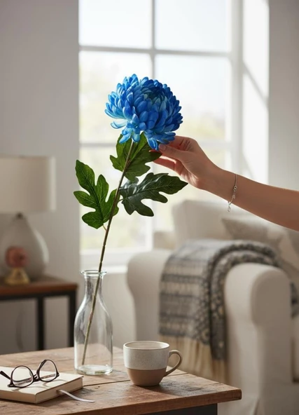 Yapay Çiçek Krizantem Mavi 90cm Tek Dal Kumaş Çiçek Uzun Dal - Resim 4