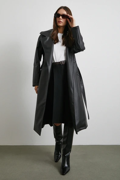 Kuşaklı Deri Pardesü Siyah - Resim 3