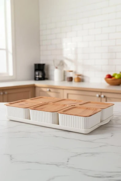 Atbyhome Valverdi - 6'lı 13 Parça Plastik Kahvaltılık Kahvaltı Seti Sunum Seti Bambu Görünüm ürün görseli