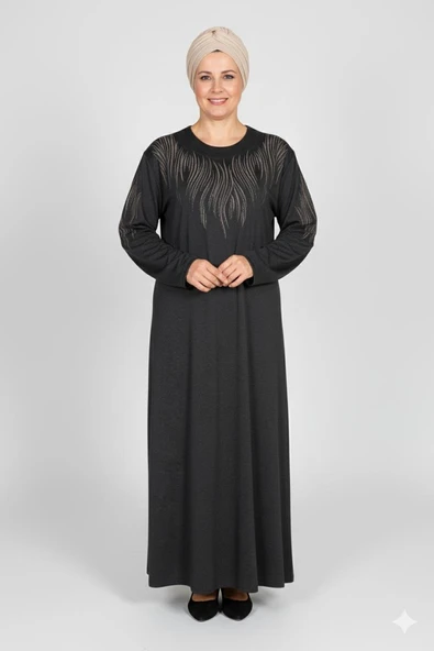 Hesna Kadın Ferda Kışlık Battal Beden Boydan Baskılı Siyah Elbise ürün görseli