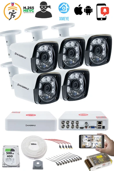 5'li Kamera Seti 5MP Sony SecuLensli 1080P Full HD, 6 Atom LED, AHD Güvenlik Kamerası Seti, Gece Görüşlü, V1 - Resim 2