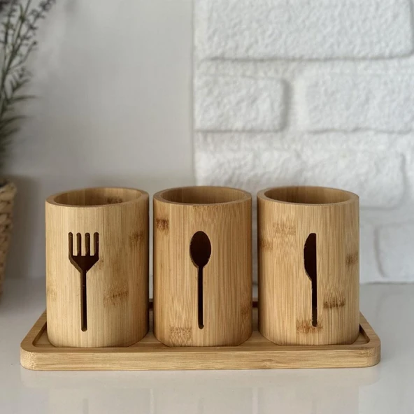 Bambu Çatal ve Bıçaklık Tekli Doğal Bambu Malzemeli Mutfak Düzenleyici Estetik ve Dayanıklı Çatal Kaşık Bıçak Tutucu Organizer Aksesuar - Resim 3