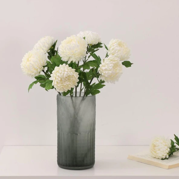 Yapay Çiçek Krizantem Beyaz 90cm Tek Dal Kumaş Çiçek Uzun Dal - 3