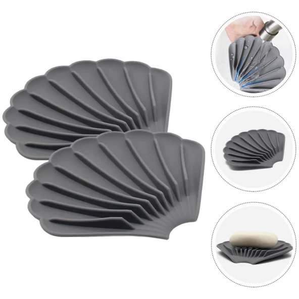 Gri Renk Kaymaz İstiridye Şekilli Silikon Sabunluk Sabun Depolama Tutucu ve Taşınabilir Sabunluk Plakası - Resim 4