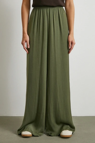 Beli Lastikli Dökümlü Geniş Paça Pantolon Haki - Resim 5