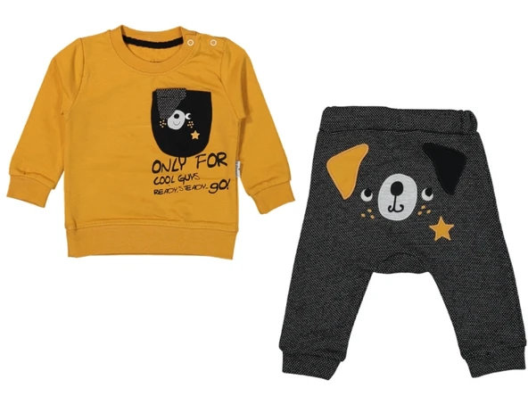 (2 Parça) Köpek Baskılı Cepli Hardal İkiip Mevsimlik Erkek 2li Bebek Takım (6,9,12,18 Ay) - 4