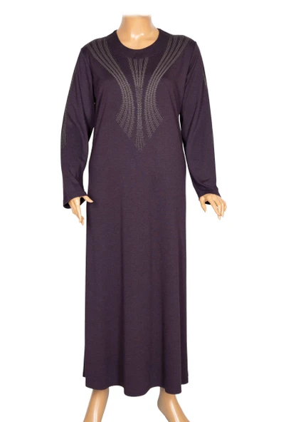 Hesna Kadın Elvan Kışlık Büyük Beden Boydan Baskılı Mürdüm Elbise - Resim 2