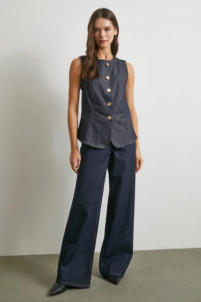 Bisiklet Yaka Metal Düğmeli Denim Yelek Lacivert - Resim 2