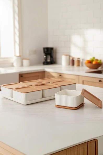 Atbyhome Valverdi - 6'lı 13 Parça Plastik Kahvaltılık Kahvaltı Seti Sunum Seti Bambu Görünüm - Resim 2