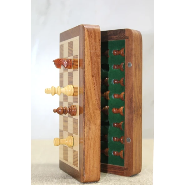 Özel Vernikli Mıknatıs Taşlı Ahşap Katlanabilir Kutulu Satranç Oyunu 25 Cm G222 - 4