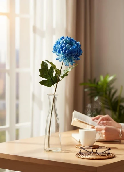 Yapay Çiçek Krizantem Mavi 90cm Tek Dal Kumaş Çiçek Uzun Dal - Resim 3