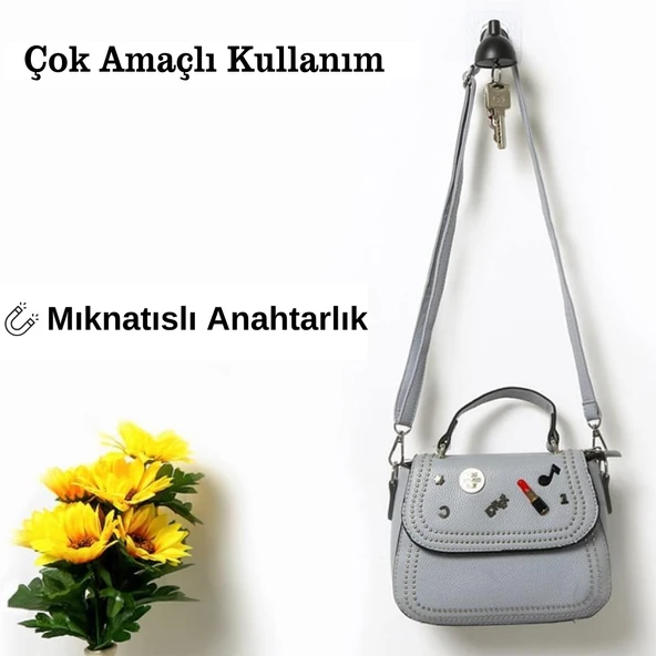 Lamba Şeklinde Mıknatıslı Duvar Tipi Anahtar Tutucu Askı Yapışkanlı Dekoratif Priz Yanı Anahtarlık Organizer - 5