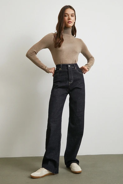 Yüksek Bel Kesik Boru Paça Jean Lacivert - Resim 3